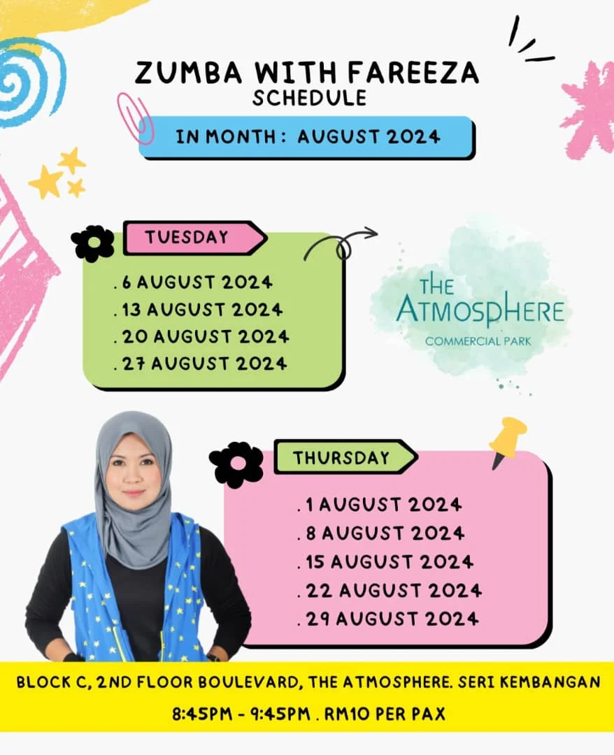August 2024 Zumba Class Schedule with Zin Fareeza