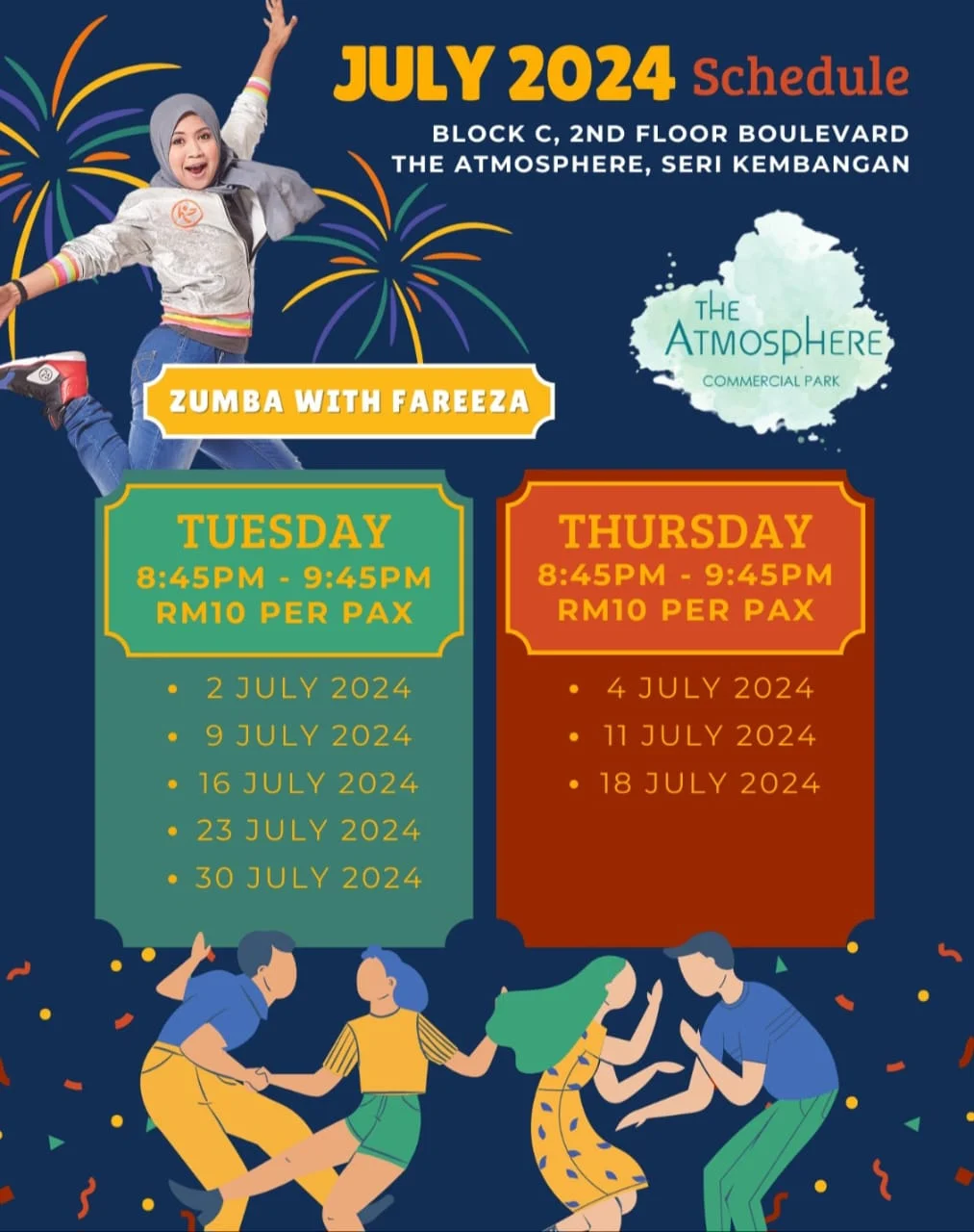 July 2024 Zumba Class Schedule with Zin Fareeza